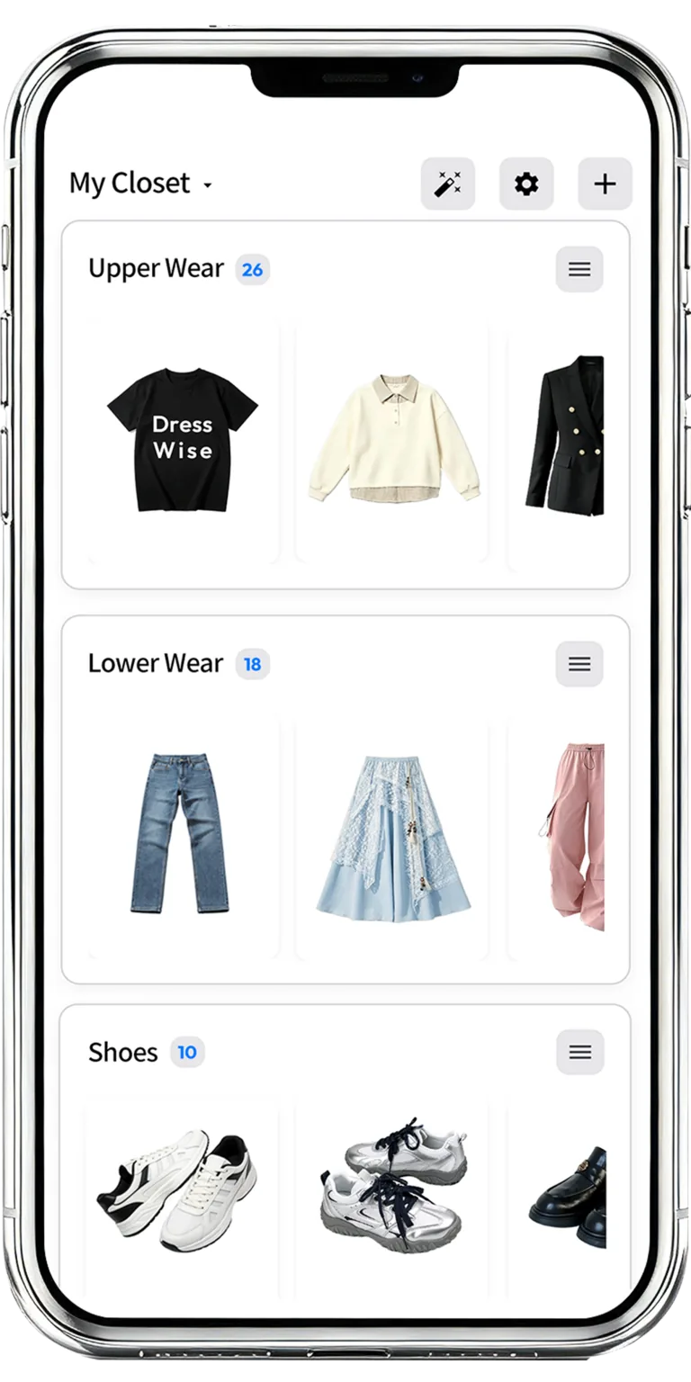 DressWise digital wardrobe showing organized tops, bottoms, and shoes