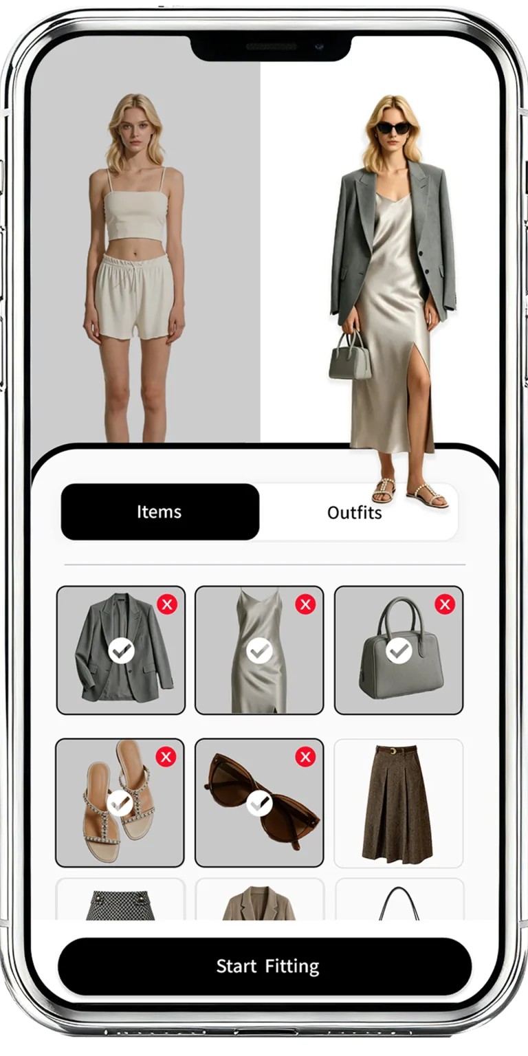 DressWise virtual try-on screen combining selected clothes and accessories on a model