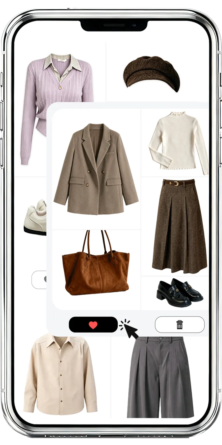 DressWise outfit recommendation screen with coordinated neutral wardrobe pieces