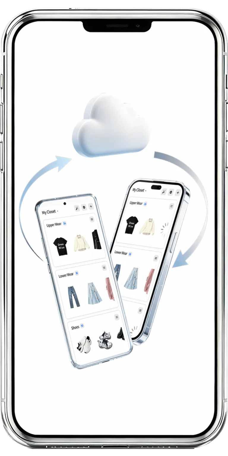 DressWise cloud backup synchronizing a digital wardrobe across two phones